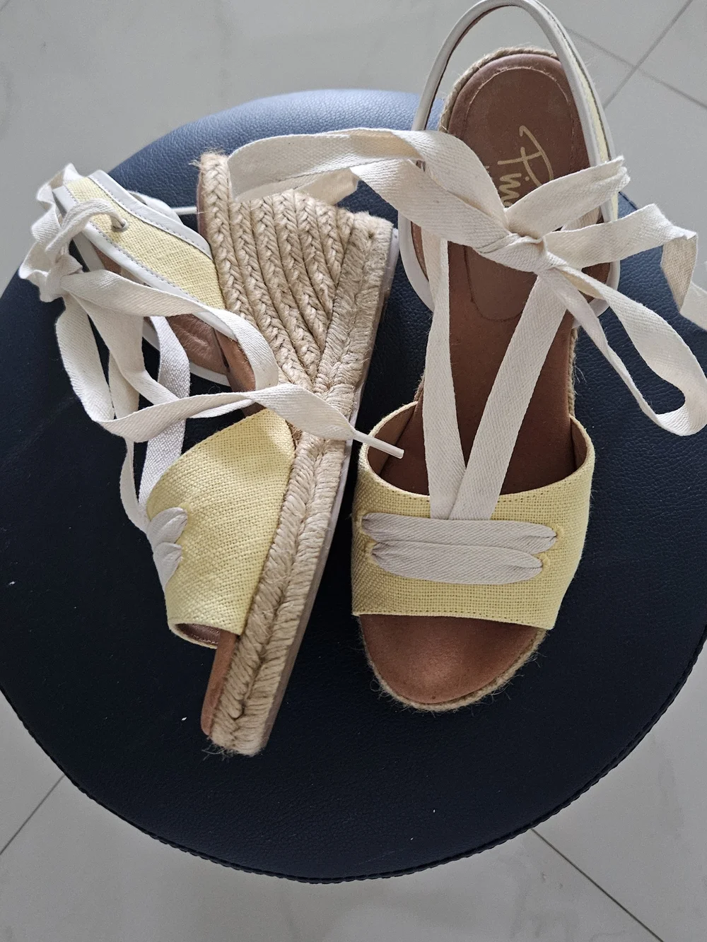 Ina Yellow Espadrille Wedge Sandals with Ivory Ankle Ties, Made In Spain, Size 8
